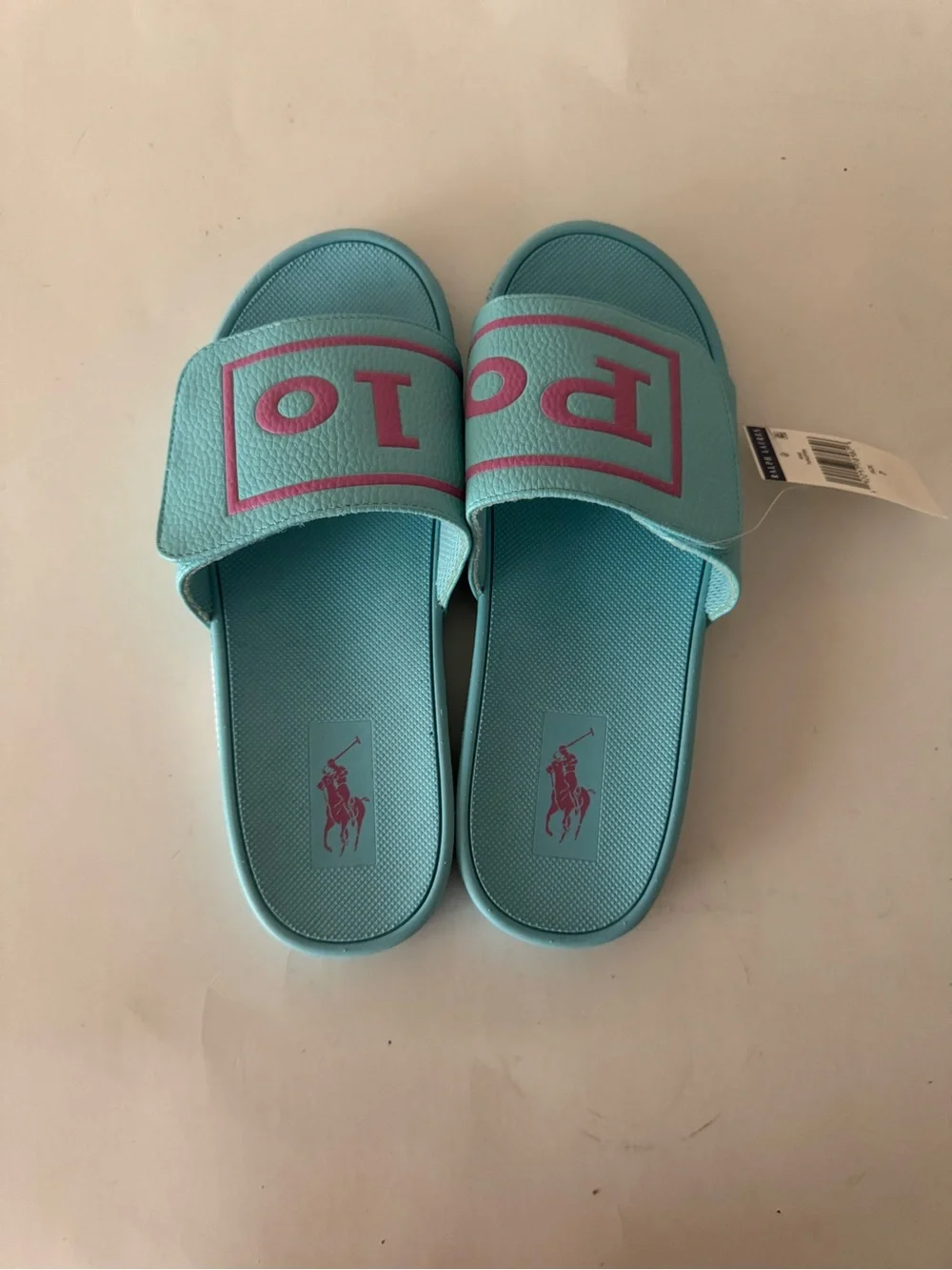 Polo Ralph Lauren Aqua Slide Sandals with Pink Logo. Size: 7